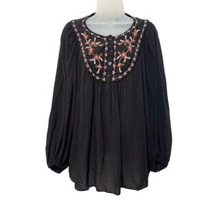 Max Studio Top Size L Black Floral Embroidered Peasant Blouse Boho Blouse